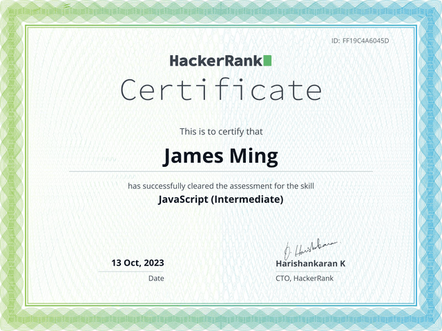 HackerRank Javascript Intermediate Certificate